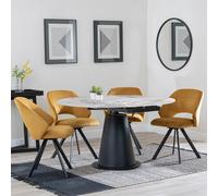 Carrara Dining Set - 4 Seater - 135cm - Round - Grey Ceramic - Extending - 4x Ion Swivel Dining Chairs - Mustard Velvet Fabric