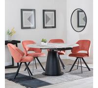 Carrara Dining Set - 4 Seater - 135cm - Round - Grey Ceramic - Extending - 4x Ion Swivel Dining Chairs - Orange Velvet Fabric