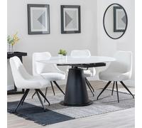 Carrara Dining Set - 4 Seater - 135cm - Round - White Ceramic - Extending - 4x Arctic Swivel Dining Chairs - Cream Velvet Fabric