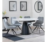 Carrara Dining Set - 4 Seater - 135cm - Round - White Ceramic - Extending - 4x Arctic Swivel Dining Chairs - Grey Velvet Fabric