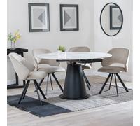 Carrara Dining Set - 4 Seater - 135cm - Round - White Ceramic - Extending - 4x Ion Swivel Dining Chairs - Beige Velvet Fabric