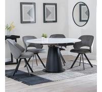 Carrara Dining Set - 4 Seater - 135cm - Round - White Ceramic - Extending - 4x Ion Swivel Dining Chairs - Dark Grey Velvet Fabric