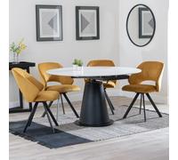 Carrara Dining Set - 4 Seater - 135cm - Round - White Ceramic - Extending - 4x Ion Swivel Dining Chairs - Mustard Velvet Fabric