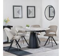 Carrara Extending Dining Set - 4-6 Seater - 85cm-135cm - Round - Grey Ceramic - 4x Ion Swivel Dining Chairs - Beige Velvet Fabric