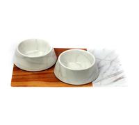 Carrara Marble Pet Bowl Set Of 4, Medium Melamine Bowls With Saucer & Placemat, Bpa Free, Dishwasher Safe