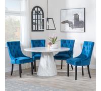 Carrera 4 Seater White Marble Round Dining Set - 4 Knocker Back Blue Velvet Fabric Dining Chair with Black Wooden Legs