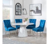 Carrera 4 Seater White Marble Round Dining Set - 4 Knocker Back Blue Velvet Fabric Dining Chair with Chrome Legs