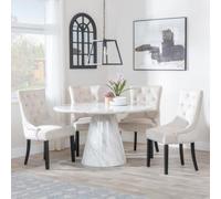 Carrera 4 Seater White Marble Round Dining Set - 4 Knocker Back Champagne Velvet Fabric Dining Chair with Black Wooden Legs
