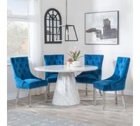 Carrera 4 Seater White Marble Round Dining Set - 4 Lion Knocker Back Blue Velvet Fabric Dining Chair with Chrome Legs