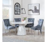 Carrera 4 Seater White Marble Round Dining Set - 4 Lion Knocker Back Grey Velvet Fabric Dining Chair with Chrome Legs