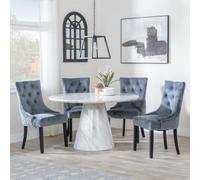 Carrera 4 Seater White Marble Round Dining Set - 4 Lion Knocker Back Grey Velvet Fabric Dining Chair with Black Wooden Legs