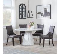 Carrera 4 Seater White Marble Round Dining Set - 4 Paris Brown Leather Dining Chair with Brown Legs