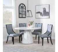 Carrera 4 Seater White Marble Round Dining Set - 4 Paris Grey Leather Dining Chair with Black Legs