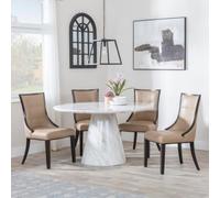 Carrera 4 Seater White Marble Round Dining Set - 4 Paris Taupe Leather Dining Chair with Brown Legs