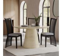 Carrera Dining Set - 4 Seater - 130cm - Round - Travertine Beige Engineered Marble - 4x Athena Dining Chairs - Black High Gloss - Grey Seat Pads