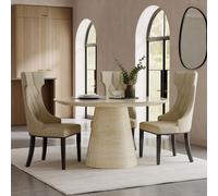 Carrera Dining Set - 4 Seater - 130cm - Round - Travertine Beige Engineered Marble - 4x Mimi Dining Chairs - Cream Leather