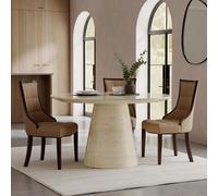 Carrera Dining Set - 4 Seater - 130cm - Round - Travertine Beige Engineered Marble - 4x Paris Dining Chairs - Taupe Leather - Brown Legs