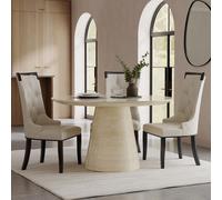 Carrera Dining Set - 4 Seater - 130cm - Round - Travertine Beige Marble - 4x Carmela Dining Chairs - Cream Leather