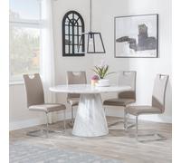 Carrera Dining Set - 4 Seater - 130cm - Round - White Marble - 4x Bianco Dining Chairs - Beige Faux Leather