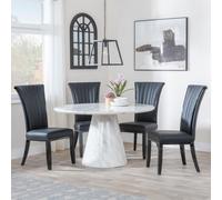 Carrera Dining Set - 4 Seater - 130cm - Round - White Marble - 4x Cadiz Dining Chairs - Black Leather