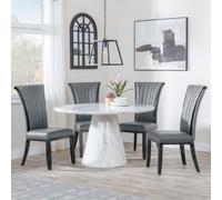 Carrera Dining Set - 4 Seater - 130cm - Round - White Marble - 4x Cadiz Dining Chairs - Grey Leather
