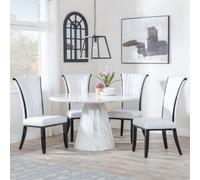 Carrera Dining Set - 4 Seater - 130cm - Round - White Marble - 4x Cadiz Dining Chairs - White Leather