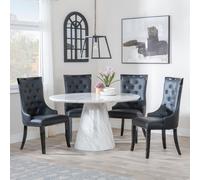 Carrera Dining Set - 4 Seater - 130cm - Round - White Marble - 4x Carmela Dining Chairs - Black Leather