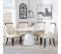 Carrera Dining Set - 4 Seater - 130cm - Round - White Marble - 4x Carmela Dining Chairs - Cream Leather