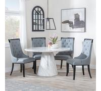 Carrera Dining Set - 4 Seater - 130cm - Round - White Marble - 4x Carmela Dining Chairs - Grey Leather
