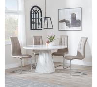 Carrera Dining Set - 4 Seater - 130cm - Round - White Marble - 4x Jamison Dining Chairs - Beige Faux Leather