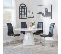 Carrera Dining Set - 4 Seater - 130cm - Round - White Marble - 4x Jamison Dining Chairs - Black Faux Leather