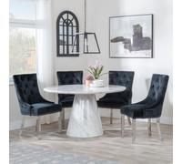 Carrera Dining Set - 4 Seater - 130cm - Round - White Marble - 4x Knocker Back Dining Chairs - Black Velvet Fabric - Chrome Legs