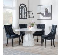 Carrera Dining Set - 4 Seater - 130cm - Round - White Marble - 4x Knocker Back Dining Chairs - Black Velvet Fabric - Black Wooden Legs