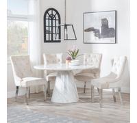 Carrera Dining Set - 4 Seater - 130cm - Round - White Marble - 4x Knocker Back Dining Chairs - Champagne Velvet Fabric - Chrome Legs