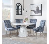Carrera Dining Set - 4 Seater - 130cm - Round - White Marble - 4x Knocker Back Dining Chairs - Grey Velvet Fabric - Chrome Legs