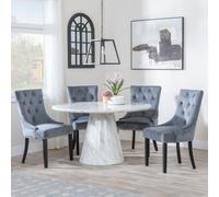 Carrera Dining Set - 4 Seater - 130cm - Round - White Marble - 4x Knocker Back Dining Chairs - Grey Velvet Fabric - Black Wooden Legs
