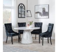 Carrera Dining Set - 4 Seater - 130cm - Round - White Marble - 4x Lion Knocker Back Dining Chairs - Black Velvet Fabric - Black Wooden Legs