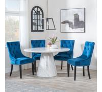 Carrera Dining Set - 4 Seater - 130cm - Round - White Marble - 4x Lion Knocker Back Dining Chairs - Blue Velvet Fabric - Black Wooden Legs