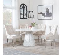 Carrera Dining Set - 4 Seater - 130cm - Round - White Marble - 4x Lion Knocker Back Dining Chairs - Champagne Velvet Fabric - Chrome Legs