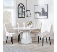 Carrera Dining Set - 4 Seater - 130cm - Round - White Marble - 4x Lion Knocker Back Dining Chairs - Champagne Velvet Fabric - Black Wooden Legs