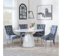 Carrera Dining Set - 4 Seater - 130cm - Round - White Marble - 4x Lion Knocker Back Dining Chairs - Grey Velvet Fabric - Chrome Legs