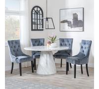 Carrera Dining Set - 4 Seater - 130cm - Round - White Marble - 4x Lion Knocker Back Dining Chairs - Grey Velvet Fabric - Black Wooden Legs