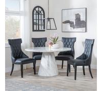 Carrera Dining Set - 4 Seater - 130cm - Round - White Marble - 4x Mimi Dining Chairs - Black Leather