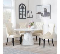 Carrera Dining Set - 4 Seater - 130cm - Round - White Marble - 4x Mimi Dining Chairs - Cream Leather