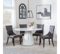 Carrera Dining Set - 4 Seater - 130cm - Round - White Marble - 4x Paris Dining Chairs - Brown Leather - Brown Legs
