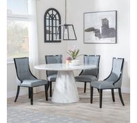 Carrera Dining Set - 4 Seater - 130cm - Round - White Marble - 4x Paris Dining Chairs - Grey Leather - Black Legs