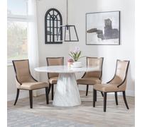 Carrera Dining Set - 4 Seater - 130cm - Round - White Marble - 4x Paris Dining Chairs - Taupe Leather - Brown Legs