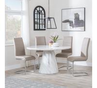 Carrera Dining Set - 4 Seater - 130cm - Round - White Marble - 4x Roma Dining Chairs - Beige Faux Leather