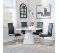 Carrera Dining Set - 4 Seater - 130cm - Round - White Marble - 4x Roma Dining Chairs - Black Faux Leather