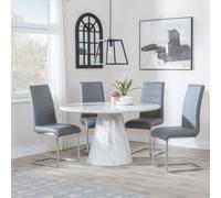 Carrera Dining Set - 4 Seater - 130cm - Round - White Marble - 4x Roma Dining Chairs - Grey Faux Leather